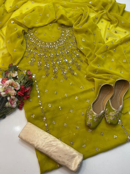 3 PC Chiffon Dress with Mirror Work, Embroidered Dupatta With Khussa