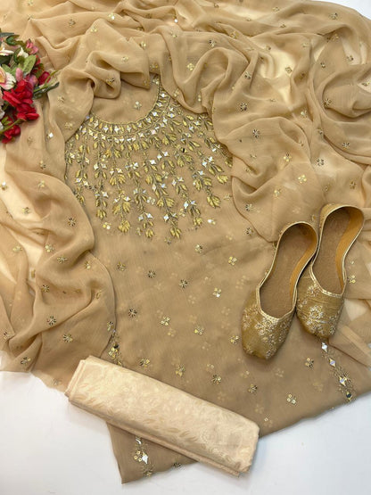 3 PC Chiffon Dress with Mirror Work, Embroidered Dupatta With Khussa