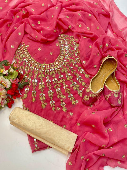 3 PC Chiffon Dress with Mirror Work, Embroidered Dupatta With Khussa