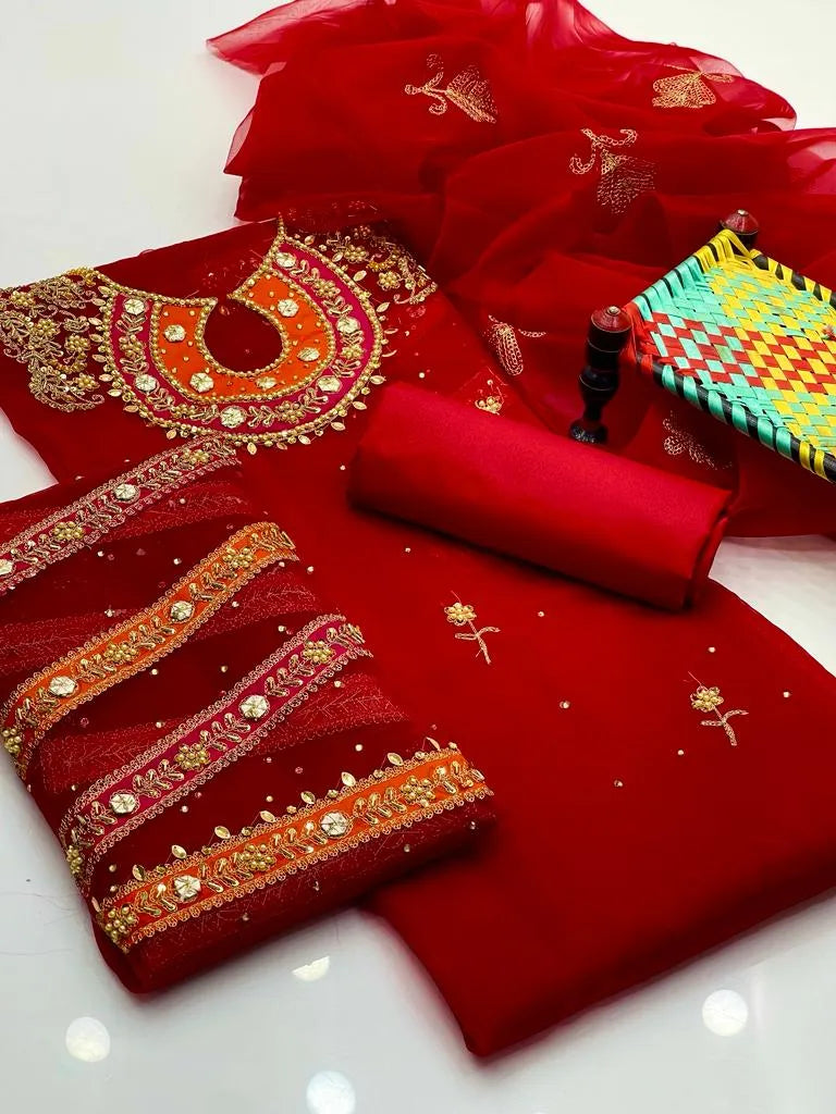 3 PC Organza Applic Gota Shirt, Katan Silk Trouser with Dupatta - fashionforcepk