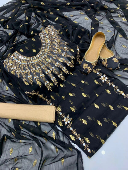 3 PC Chiffon Dress with Mirror Work, Embroidered Dupatta With Khussa