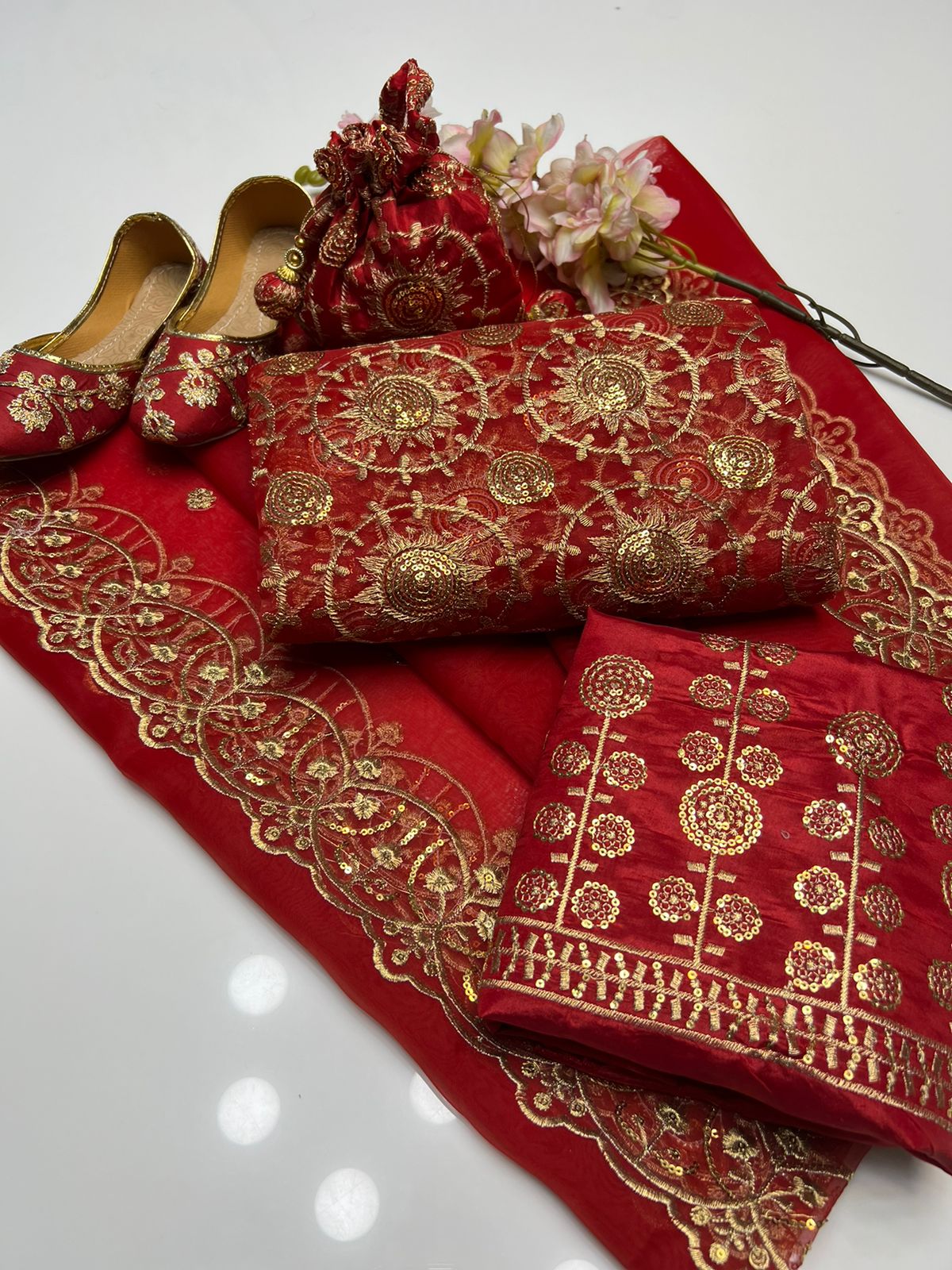 4 PC Wedding Suit Organza Shirt, Kattan Silk Trousers, Embroidered Dupatta, and Matching Khussa - fashionforcepk