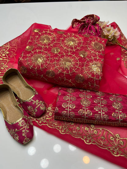 4 PC Wedding Suit Organza Shirt, Kattan Silk Trousers, Embroidered Dupatta, and Matching Khussa - fashionforcepk