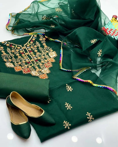 3 PC Handmade Applique Patch Organza Shirt with Kathan Silk Trouser & Free Gift - fashionforcepk