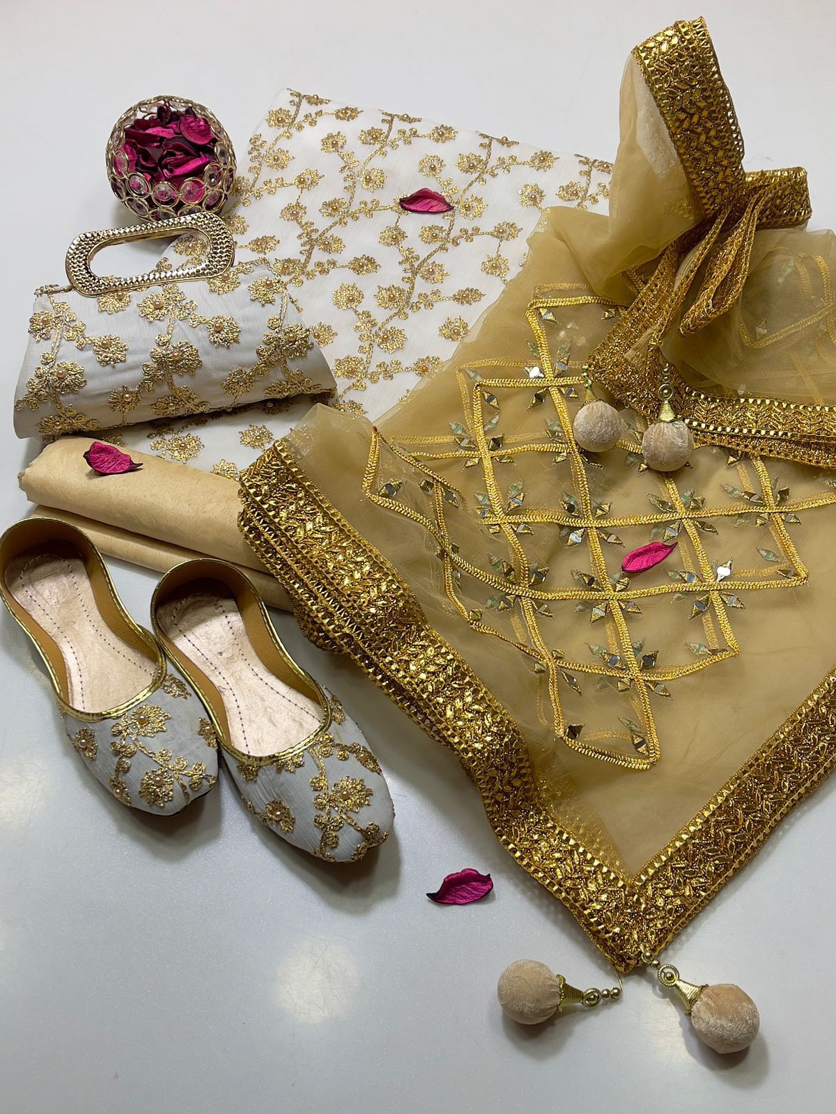 Chiffon Wedding Dress Shirt, Masoore Trouser & Dupatta, Khussa Gift! - fashionforcepk