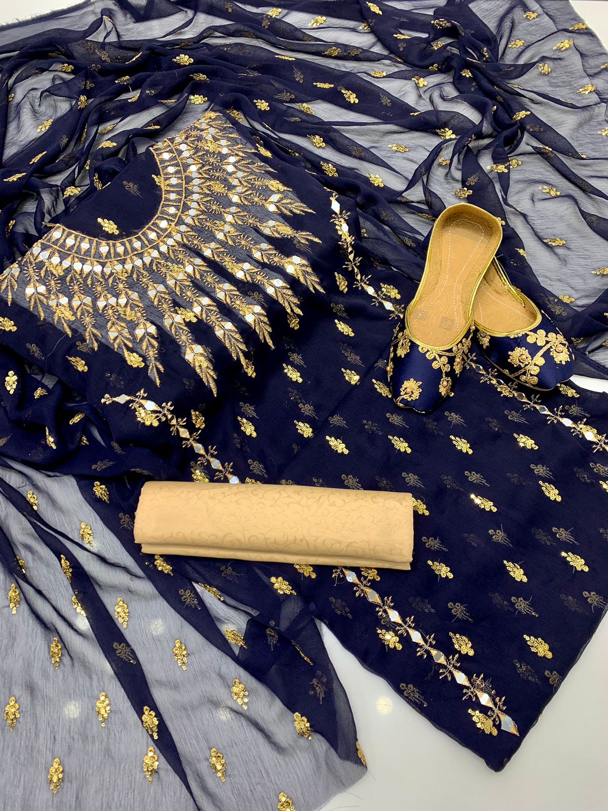 3 PC Chiffon Dress with Mirror Work, Embroidered Dupatta With Khussa