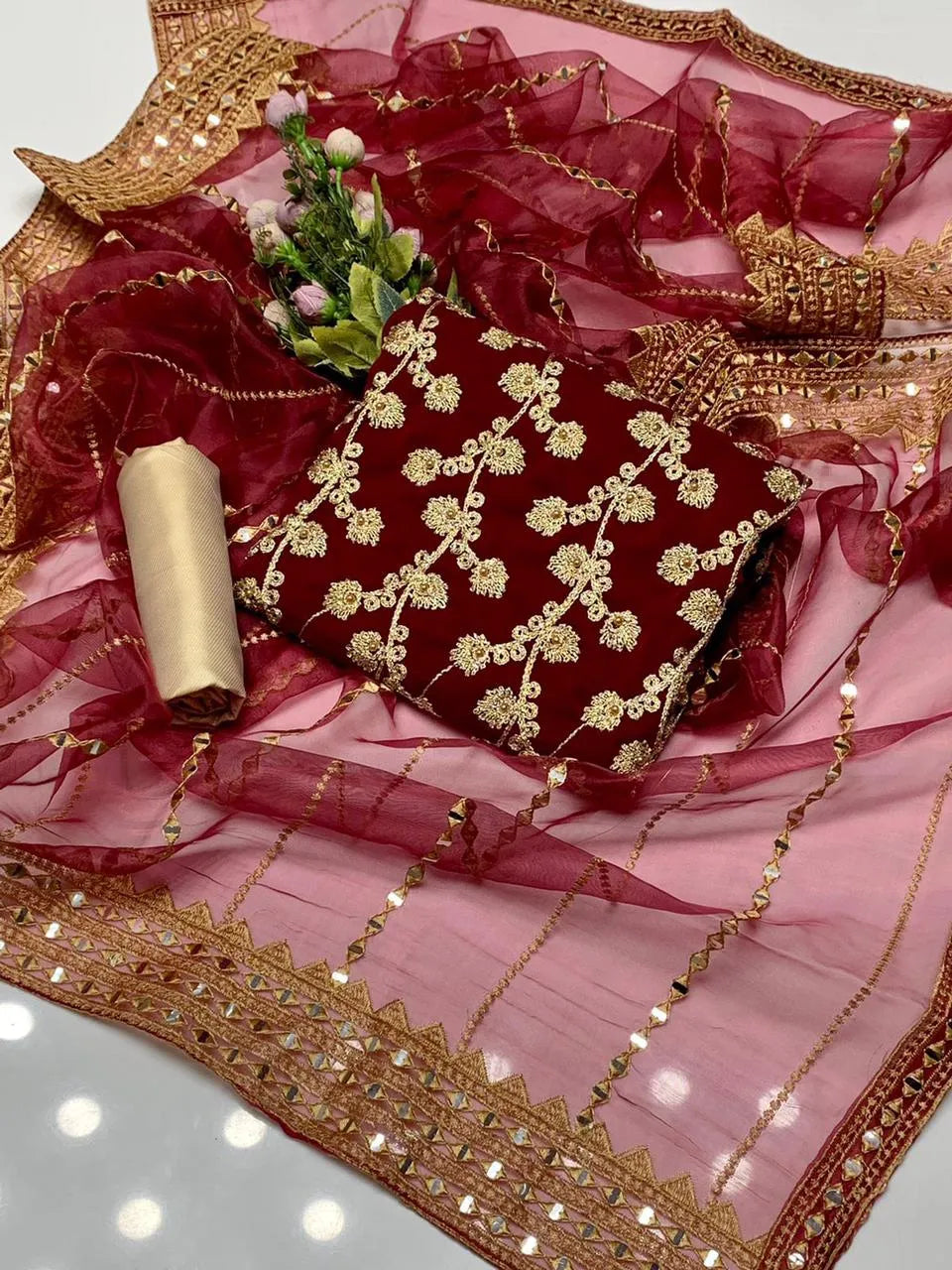 3 PC Chiffon Embroidery Shirt with Masori Trouser and Organza Dupatta - Elegant women's formal wear for weddings and special occasions